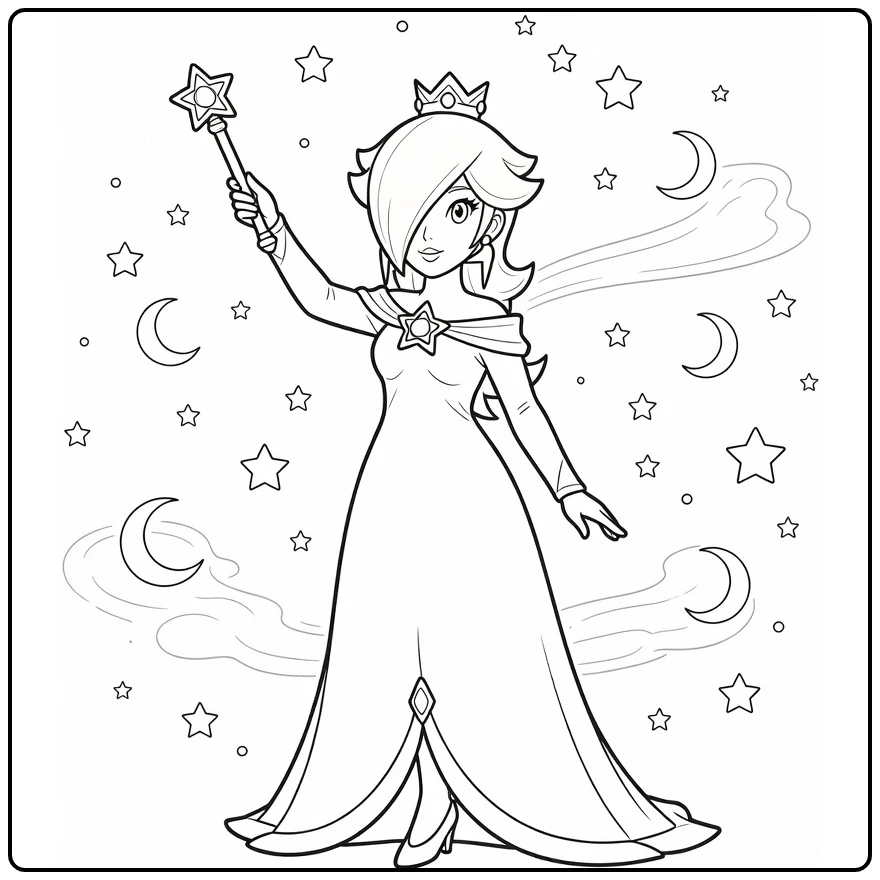 Elegant Rosalina in Cosmic Scene coloring page