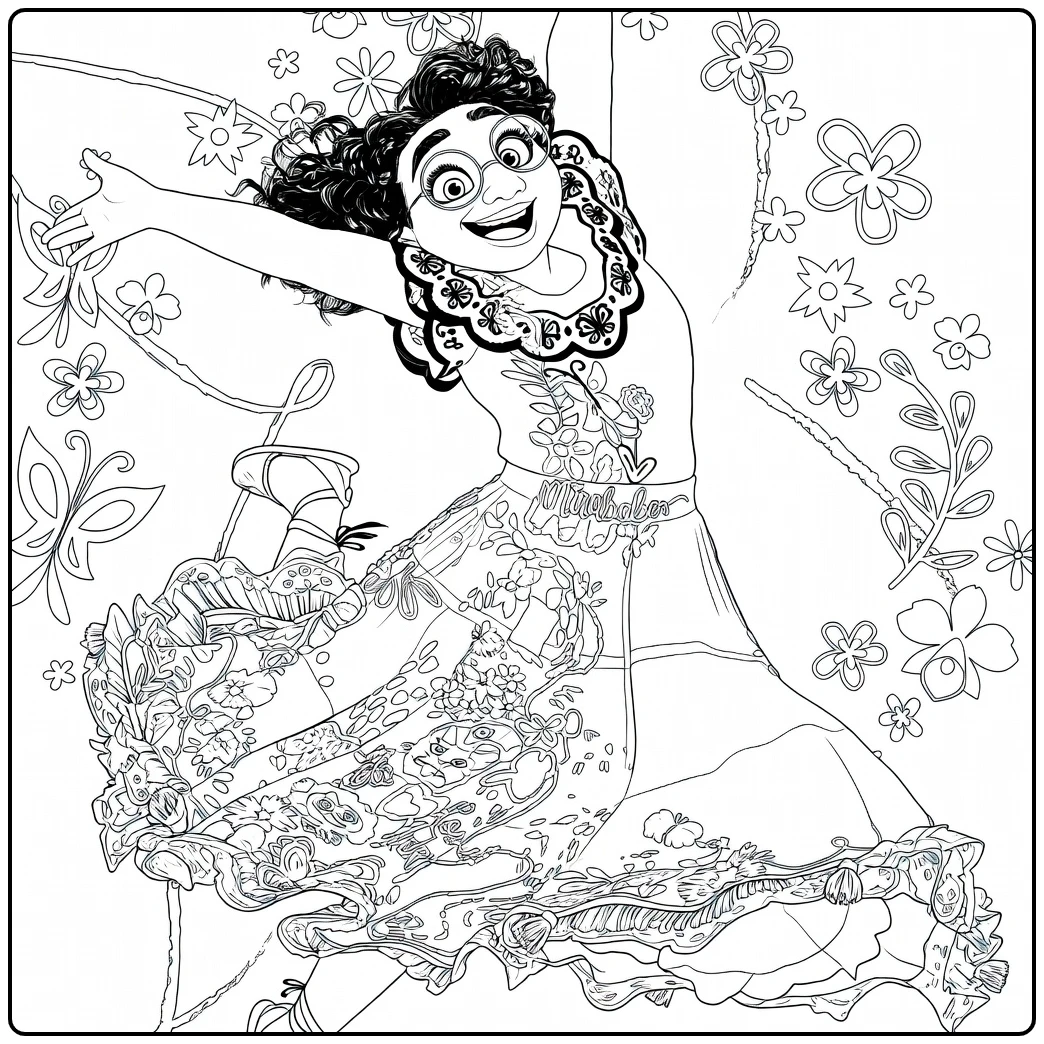 Encanto Happy Mirabel with Butterflies and Flowers coloring page