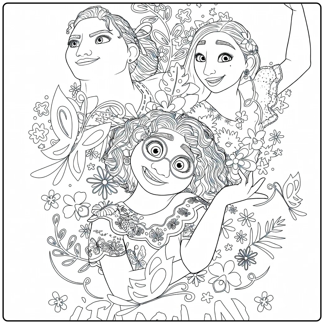 Encanto Three Sisters with Flowers Butterflies coloring page