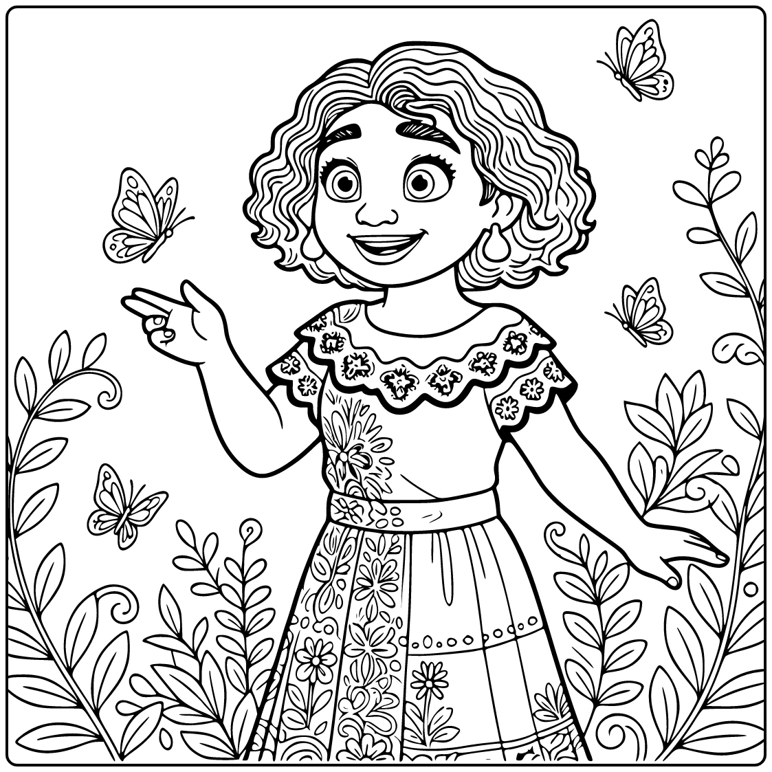 Encanto Mirabel Madrigal in Garden with Butterfly coloring page