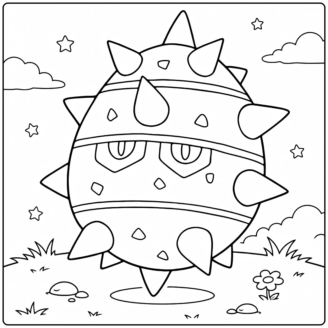 Ferroseed in Sunny Grass Landscape with Stars coloring page