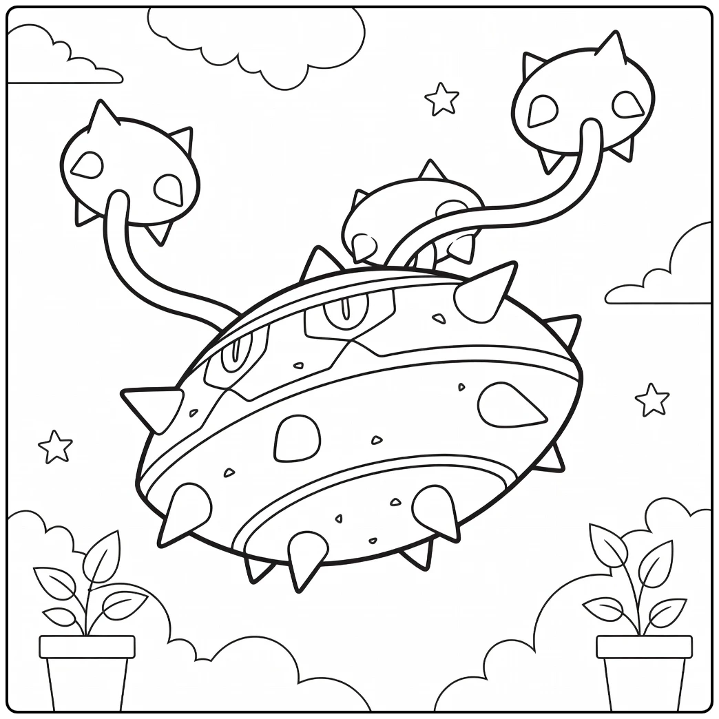 Ferrothorn Floating with Tentacles and Stars coloring page