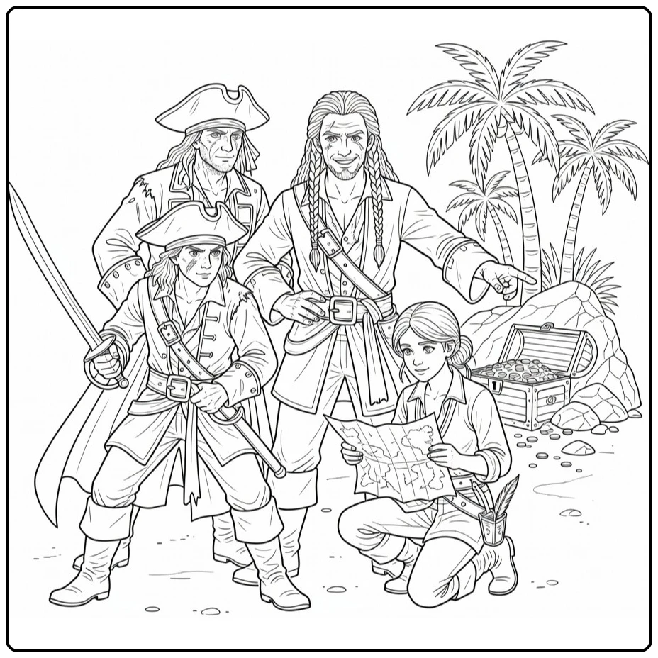 Movie Pirate Crew Searching Treasure on Beach coloring page