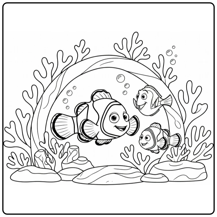 Finding Nemo coloring page with Nemo, Marlin, and Dory by a coral arch