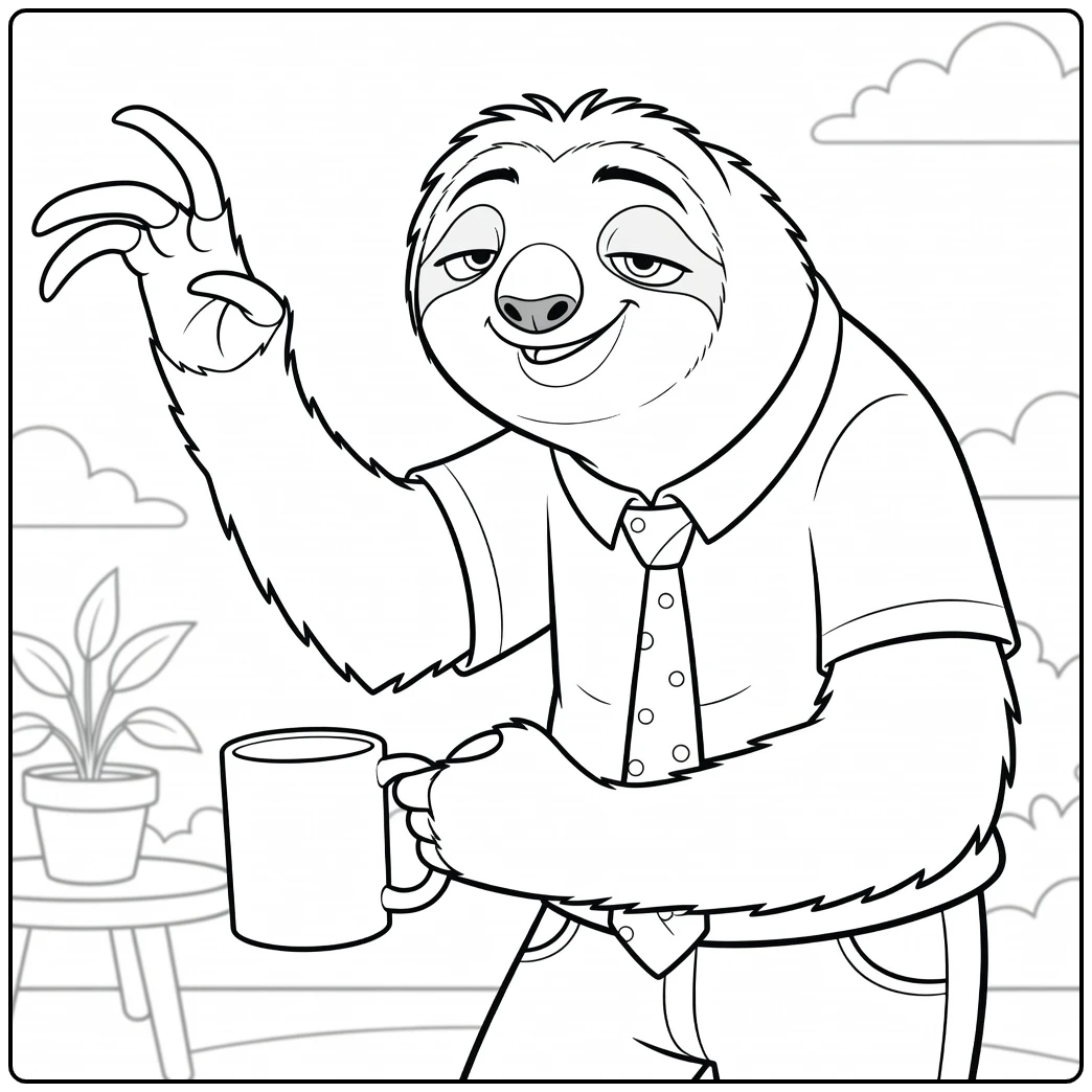 Flash Sleepy Sloth on Coffee Break coloring page