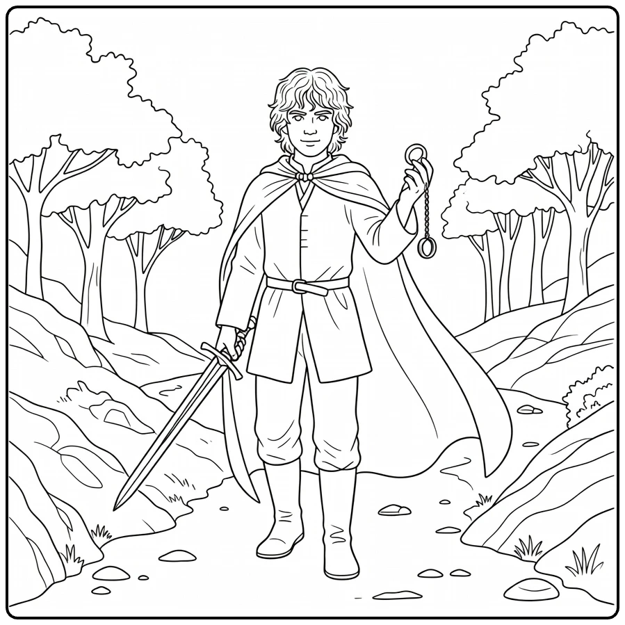 Frodo Standing on Forest Path with Sword and Ring coloring page