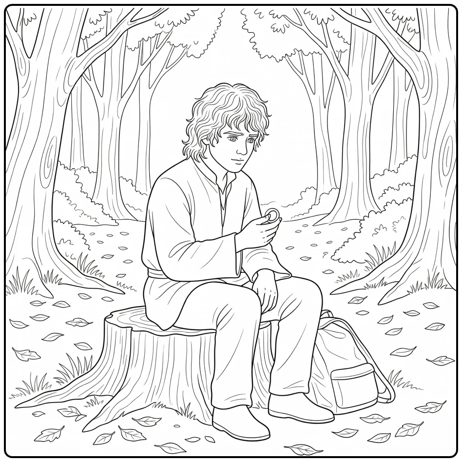 Frodo in Forest with Backpack and Ring coloring page