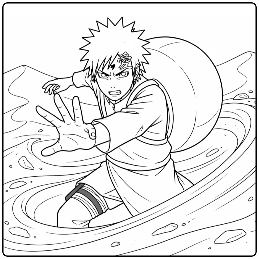 Gaara Dramatic Pose with Sand and Gourd coloring page