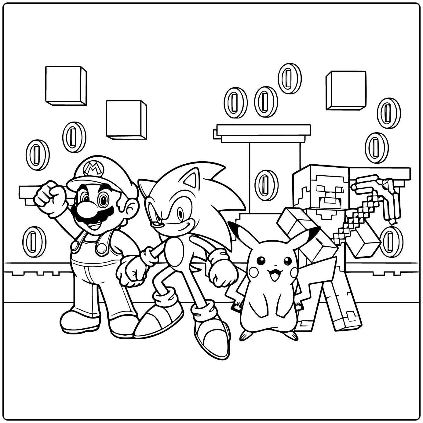 game coloring page with Mario, Sonic, Pikachu, and Minecraft Steve in an arcade arena