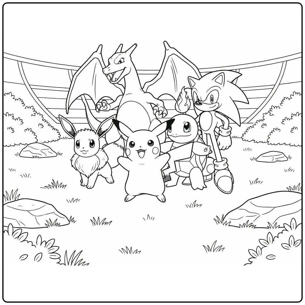 Game Pikachu Charizard Eevee Squirtle Adventure Team coloring page