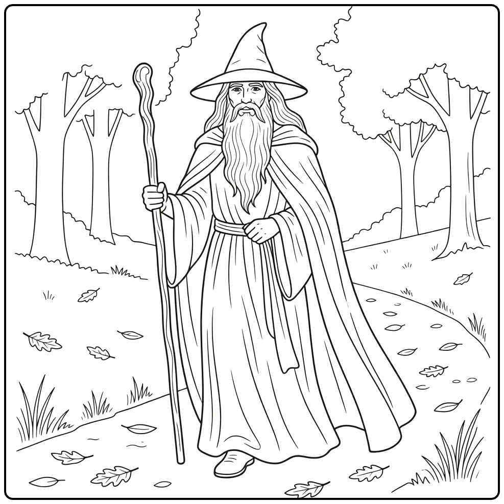 Gandalf Forest Path with Cloak and Beard coloring page