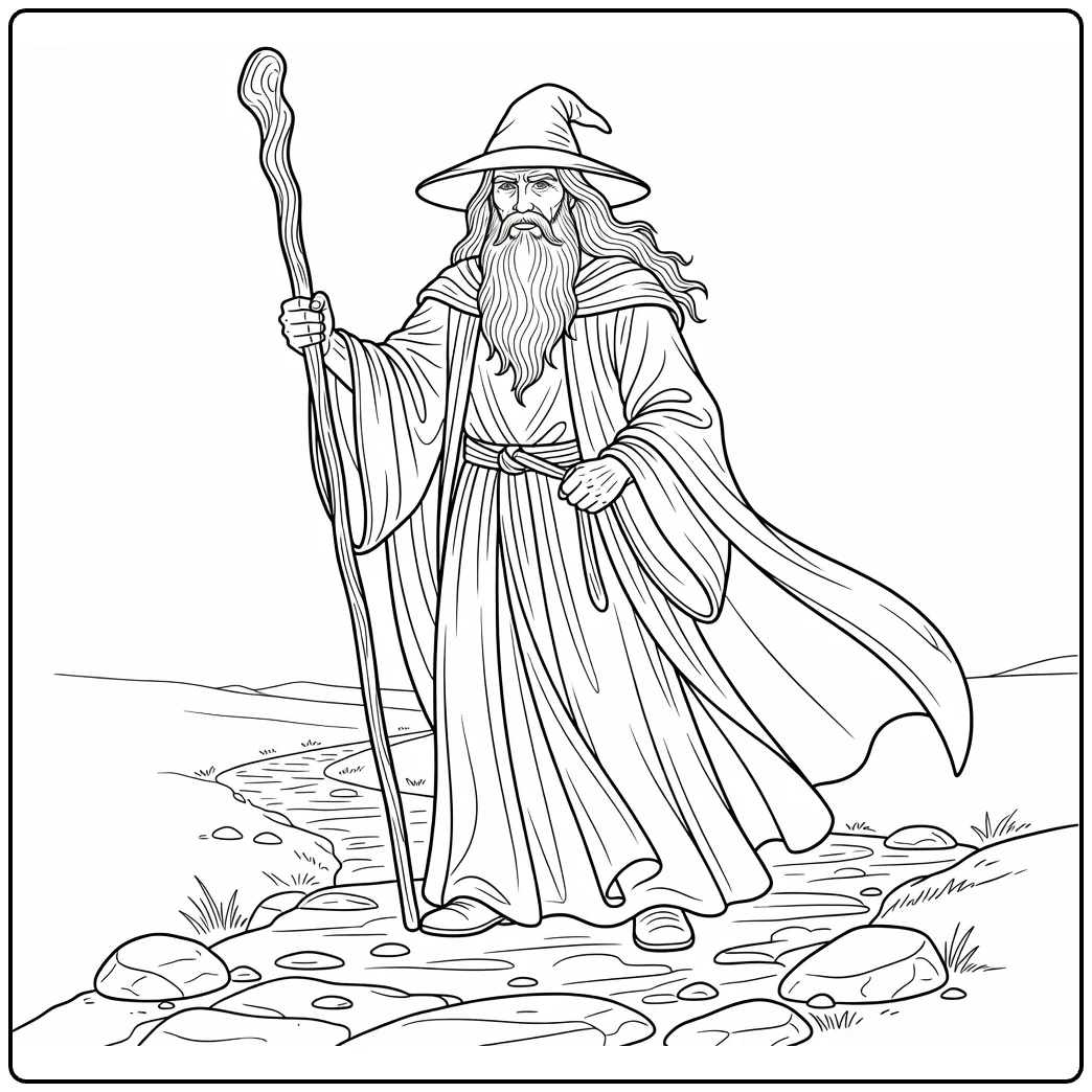 Gandalf on Rocky Path with Pointed Hat and Beard coloring page