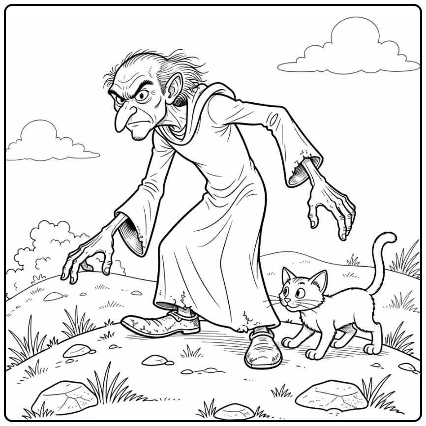 Gargamel coloring page with a printable Smurfs villain scene
