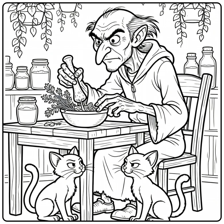 Gargamel Mixing Herbs Azrael Looking Toward coloring page
