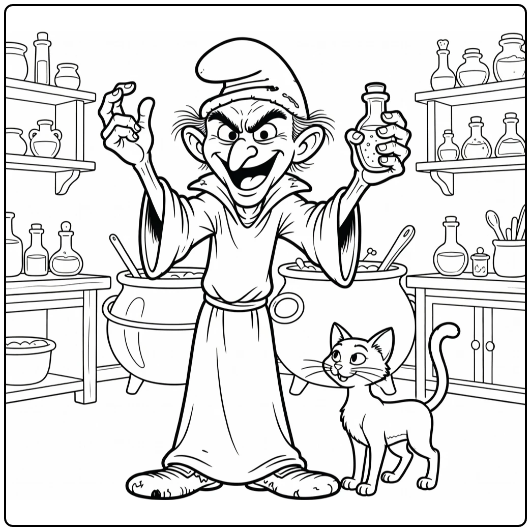 Gargamel Mischievous Smile and Workshop coloring page