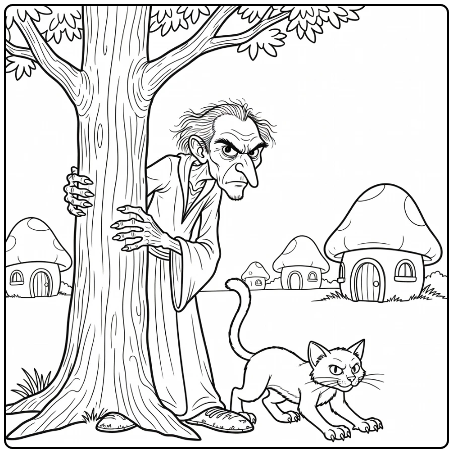 Gargamel Spying on Smurfs with Cat Azrael coloring page