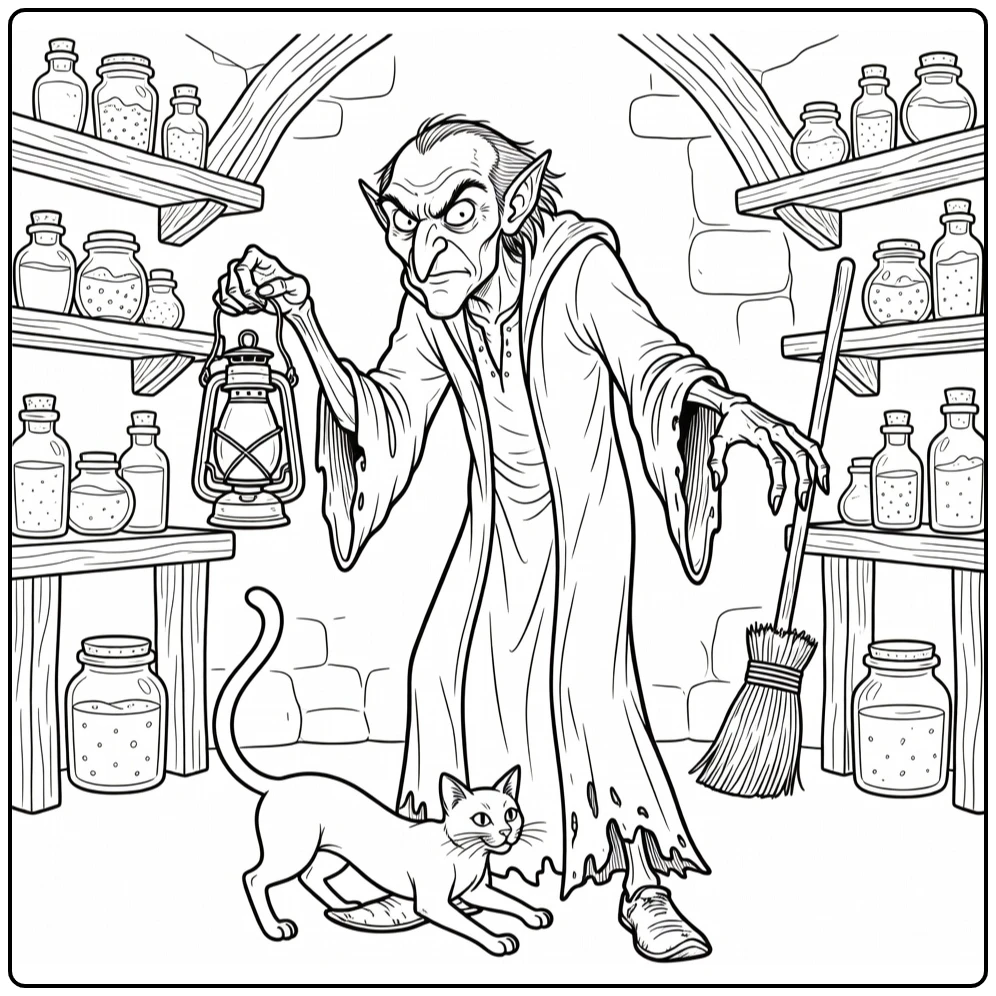 Gargamel Searching in Cellar with Pots and Broom coloring page