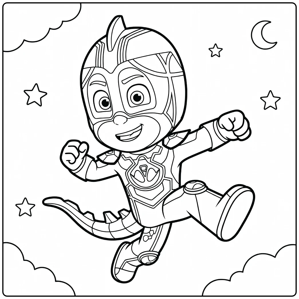 Jumping Superhero Gekko S at Night coloring page
