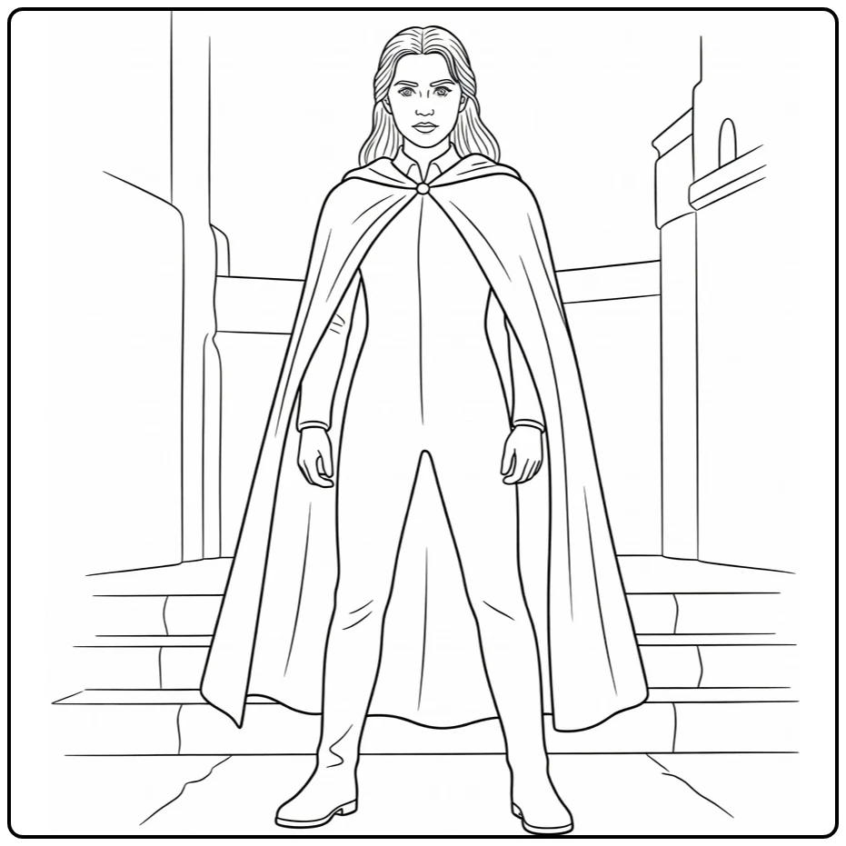 Ginny Weasley in Hogwarts Courtyard with Cloak coloring page
