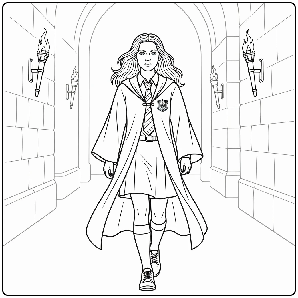Ginny Weasley in Hogwarts Hall with Cloak coloring page