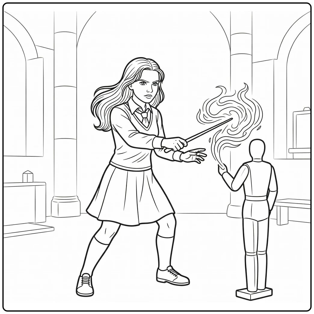 Ginny Weasley coloring page practicing magic in the Room of Requirement