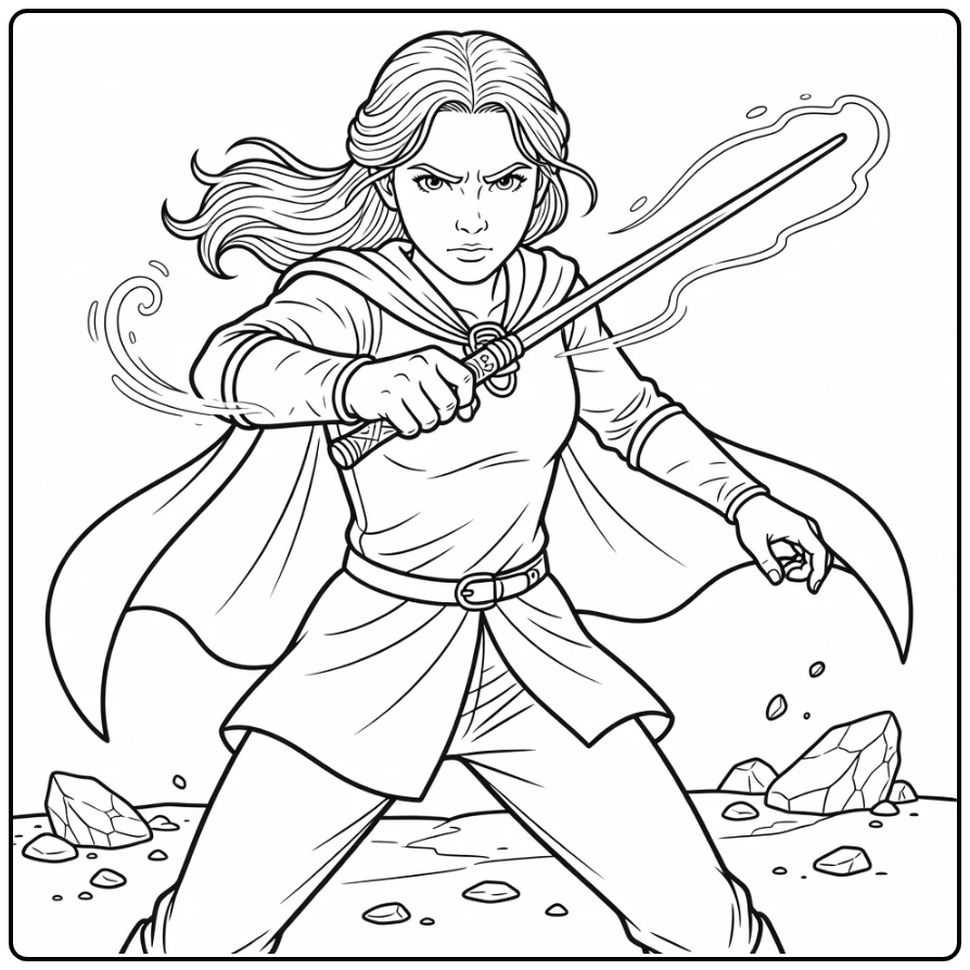 Ginny Weasley in Battle-ready Stance with Staff coloring page