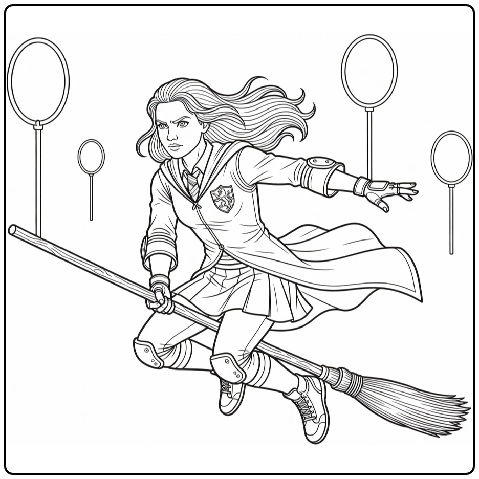 Ginny Weasley in Quidditch Uniform with Flying Broom coloring page