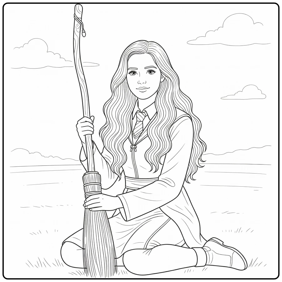 Ginny Weasley Calmly with Broom and Uniform coloring page
