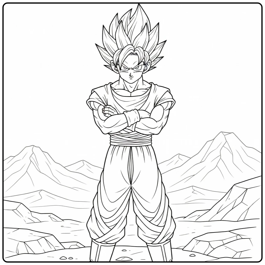 Gohan Calmly Standing on Rocky Ground with Mountains coloring page