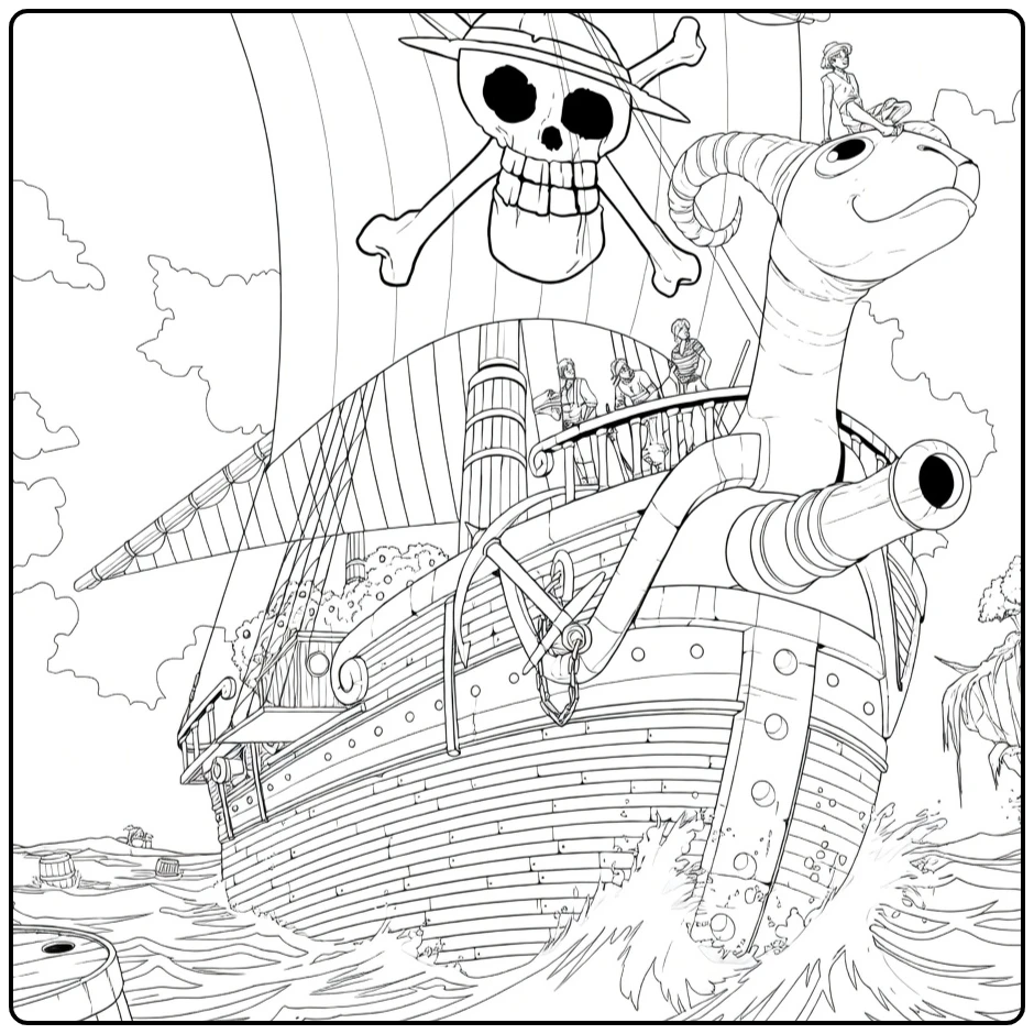 Going Merry One Piece Ship with Crew coloring page