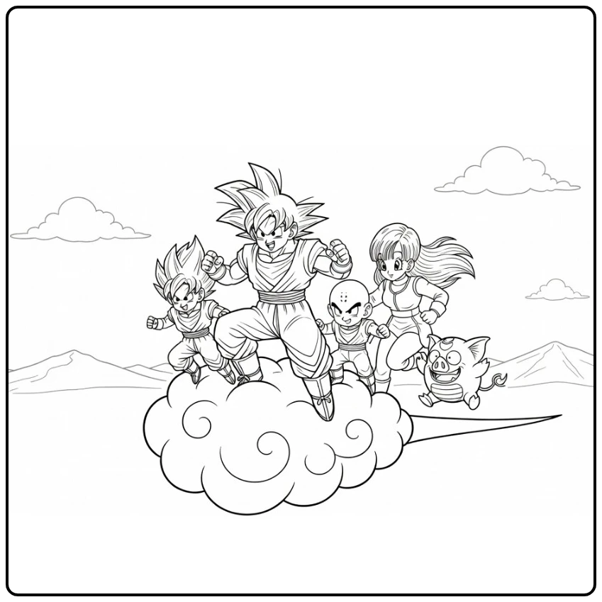 Goku in the Center on Nimbus Dragon Ball coloring page