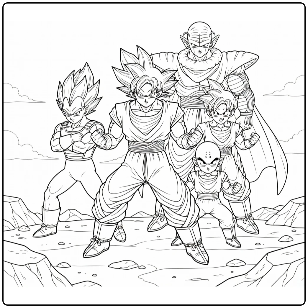 Goku Allies Ready for Epic Battle coloring page