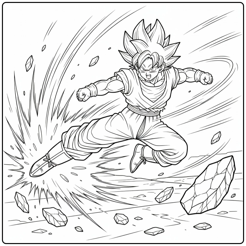Goku Dynamic Kick with Motion Lines coloring page