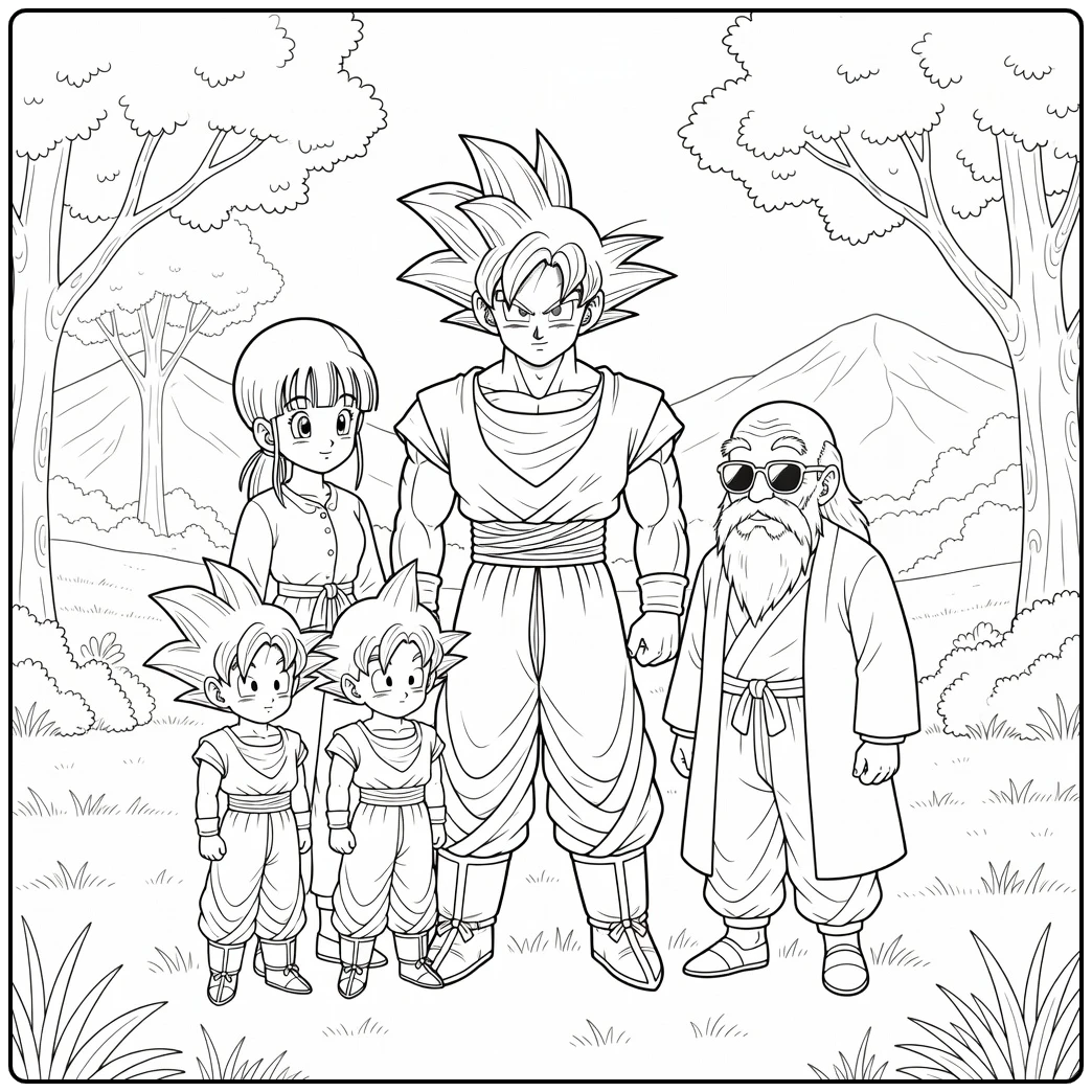 Goku Family with Master Roshi in Resting coloring page