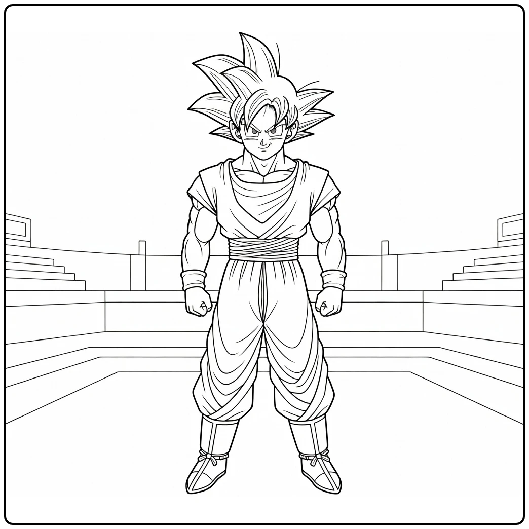 Goku coloring page smiling barefoot in a martial arts arena