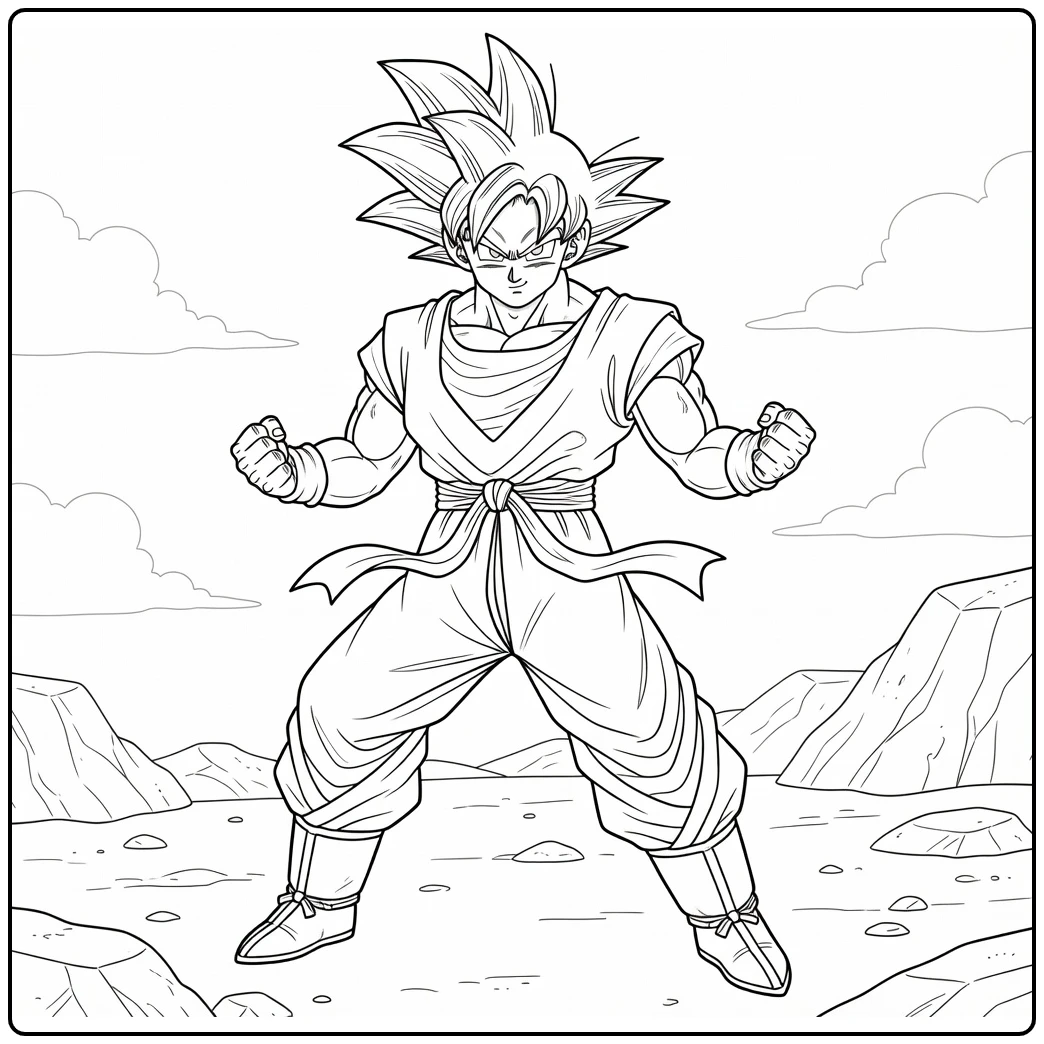 Goku in Hero Pose on Rocky Ground with Clouds coloring page