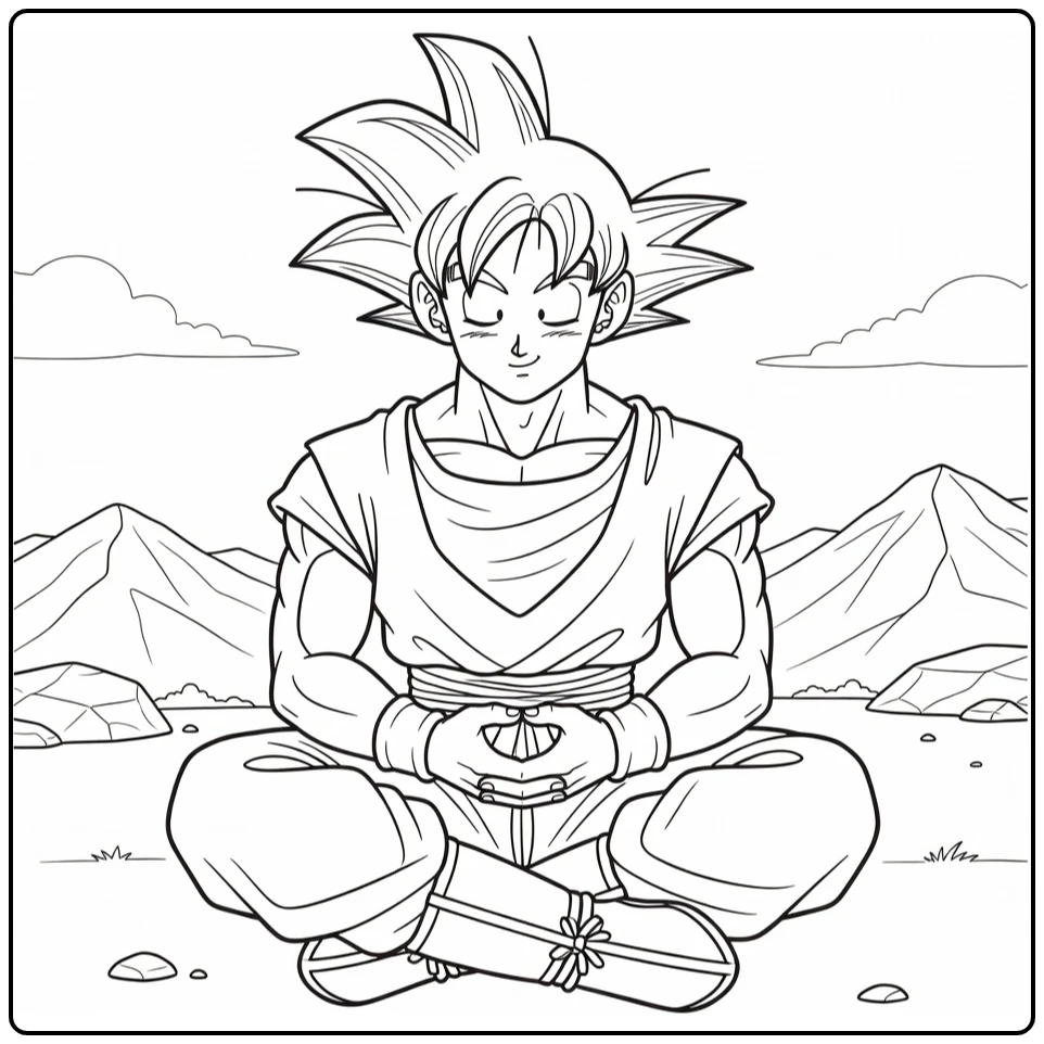 Goku Meditating with Folded Hands and Clouds coloring page