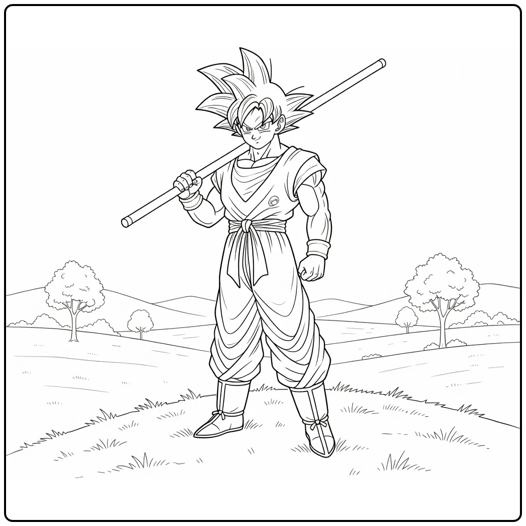 Goku on Grassy Hill with Power Pole and Trees coloring page