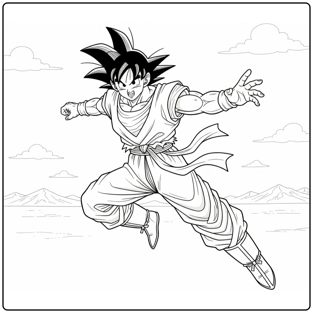 Flying Goku with Flowing Outfit coloring page