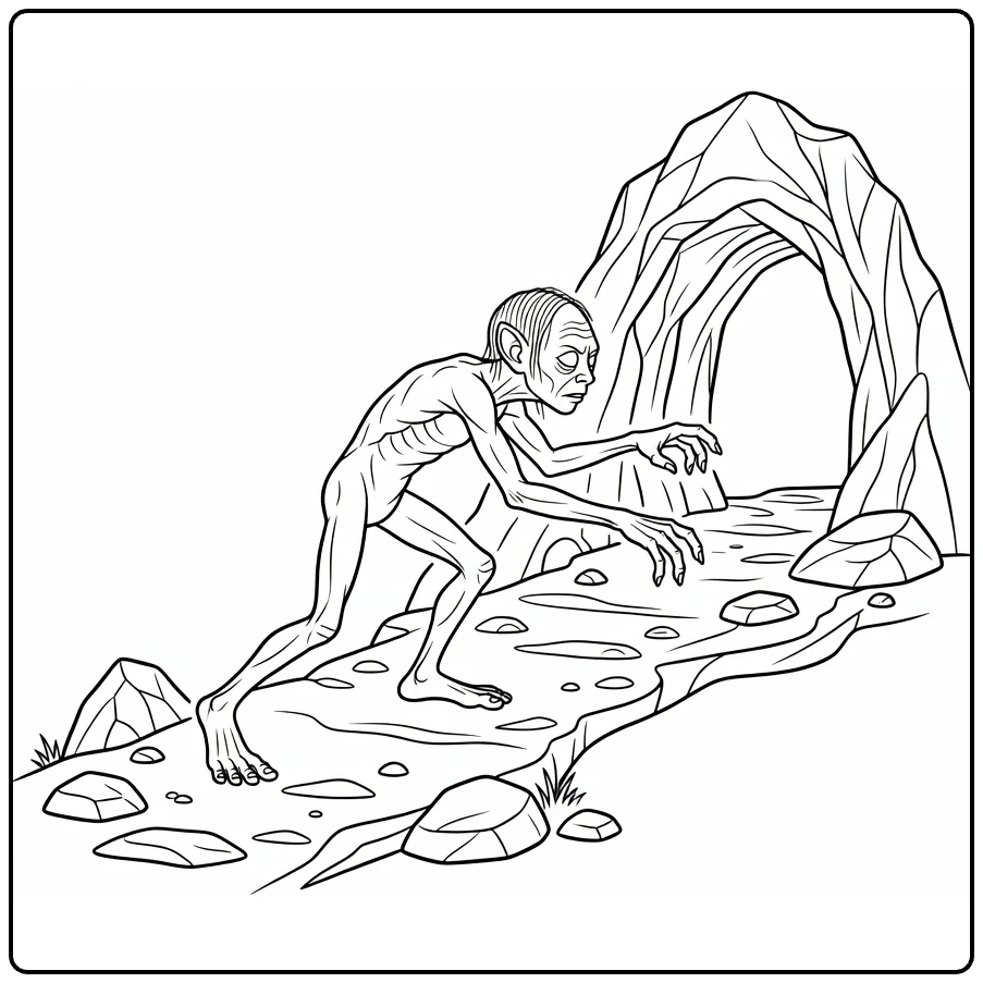 Gollum Sneaking Through the Mountains Toward Cave coloring page