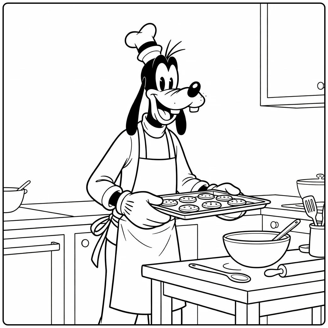 Goofy Baking in Kitchen with Oven Mitts coloring page