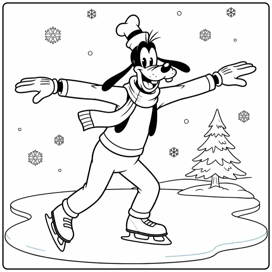 Goofy Balancing on Ice with Snowflakes coloring page