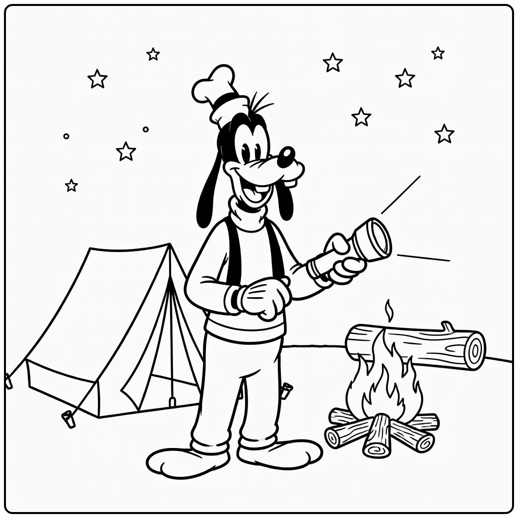 Goofy Camping Smiling Under Stars coloring page