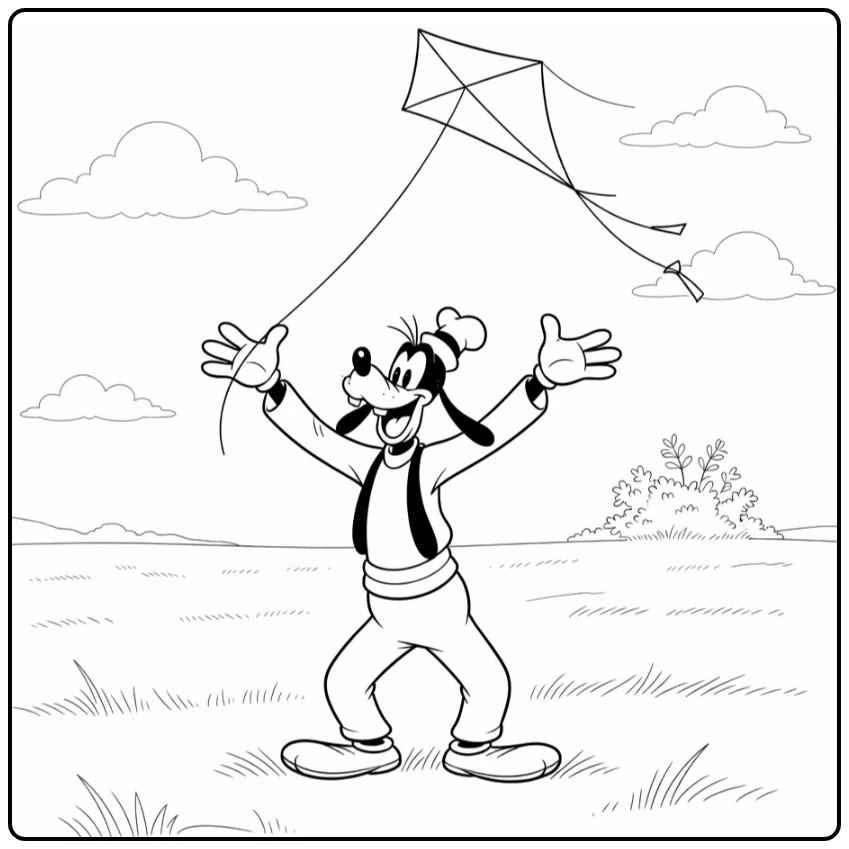 Goofy Laughing with Kite in Open Field coloring page