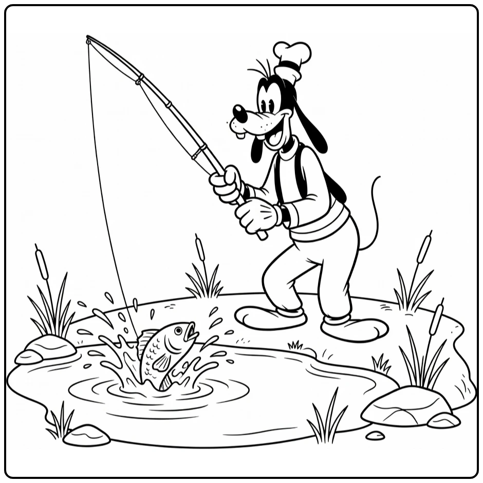 Happy Goofy with Fishing Rod at Pond coloring page