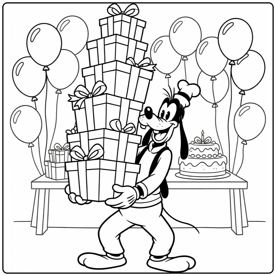 Goofy with Presents on Party and Cake coloring page
