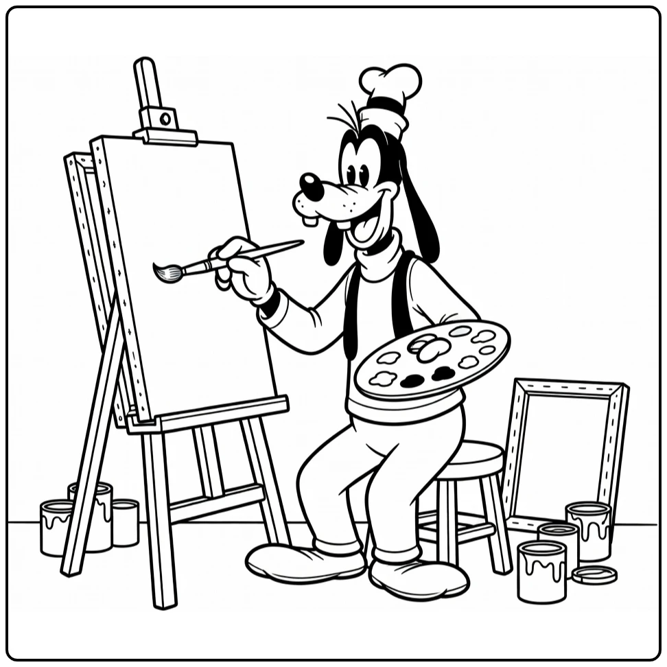 Goofy coloring page with a cheerful printable character scene