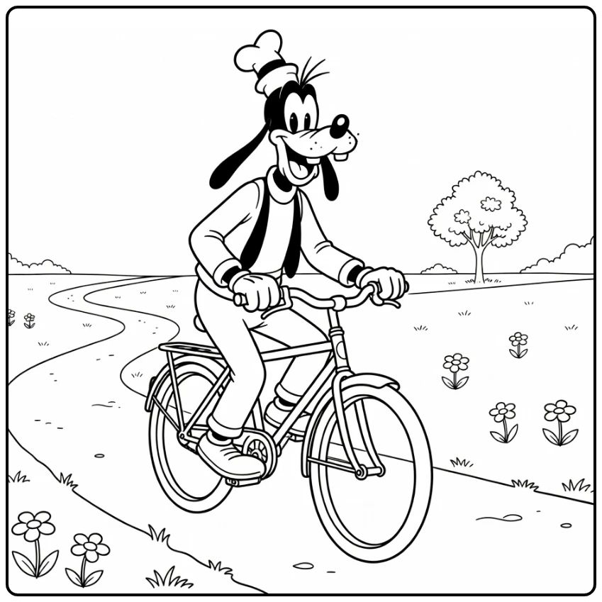 Cheerful Goofy Riding a Bicycle in Park with Tree coloring page