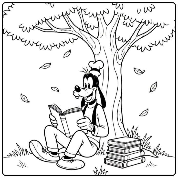 Sitting Goofy with Smile and Books coloring page
