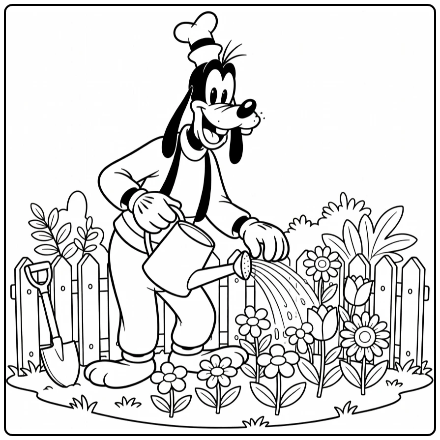 Gardening Cheerful with Watering Can Goofy coloring page